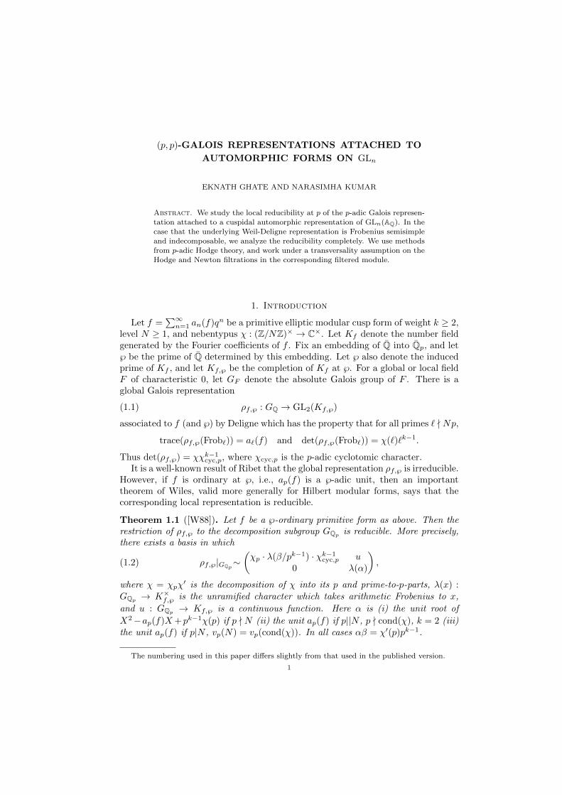 p;p -GALOIS REPRESENTATIONS ATTACHED TO AUTOMORPHIC FORMS …eghate ...