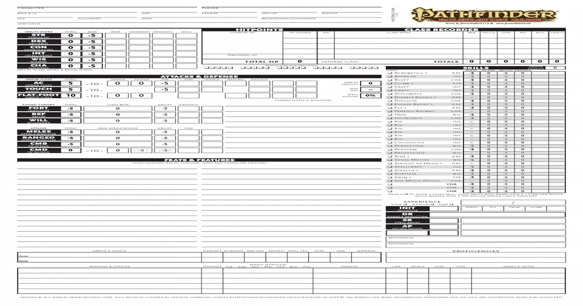Blank Pathfinder RPG Character Sheet - [PDF Document]